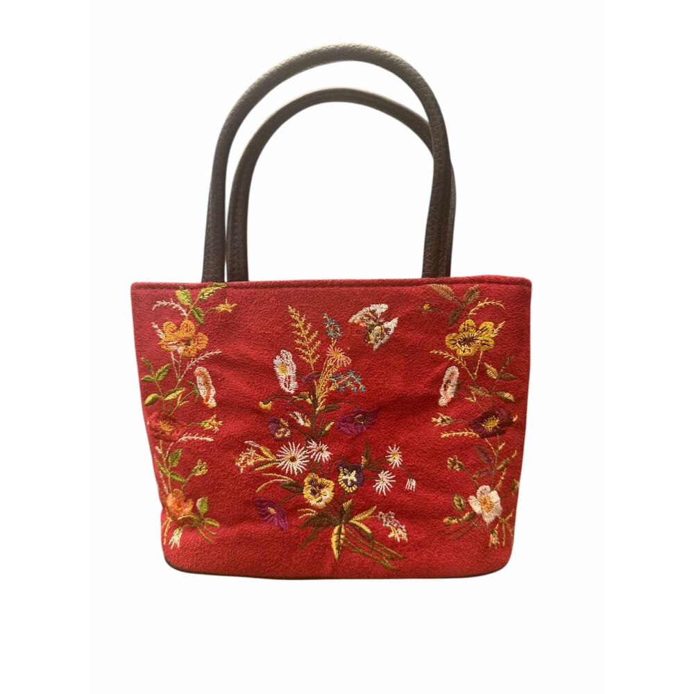 Bueno Red Soft Faux Suede Embroidered Floral Tote Crossbody Bag